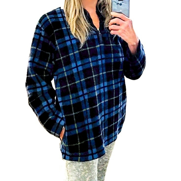 Catalina Tops - Catalina Wmn M Blue & Blk Plaid Lng Slv 1/4 Zip